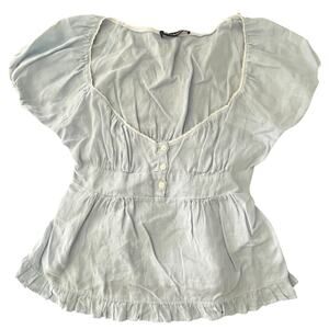 Brandy Melville Blouse Womens One Size Blue Puff Sleeve Ruffle Peplum Top